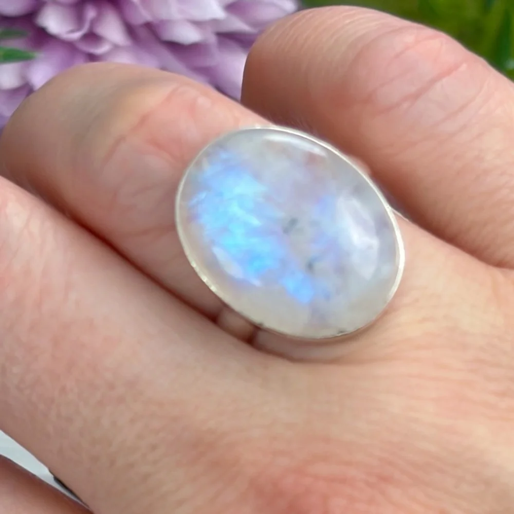 Rainbow Moonstone Gemstone Ring Size 8 1/2 8.5 Pure Sterling Silver 925 Boho New